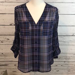 Express Button Front Sheer Plaid Blouse